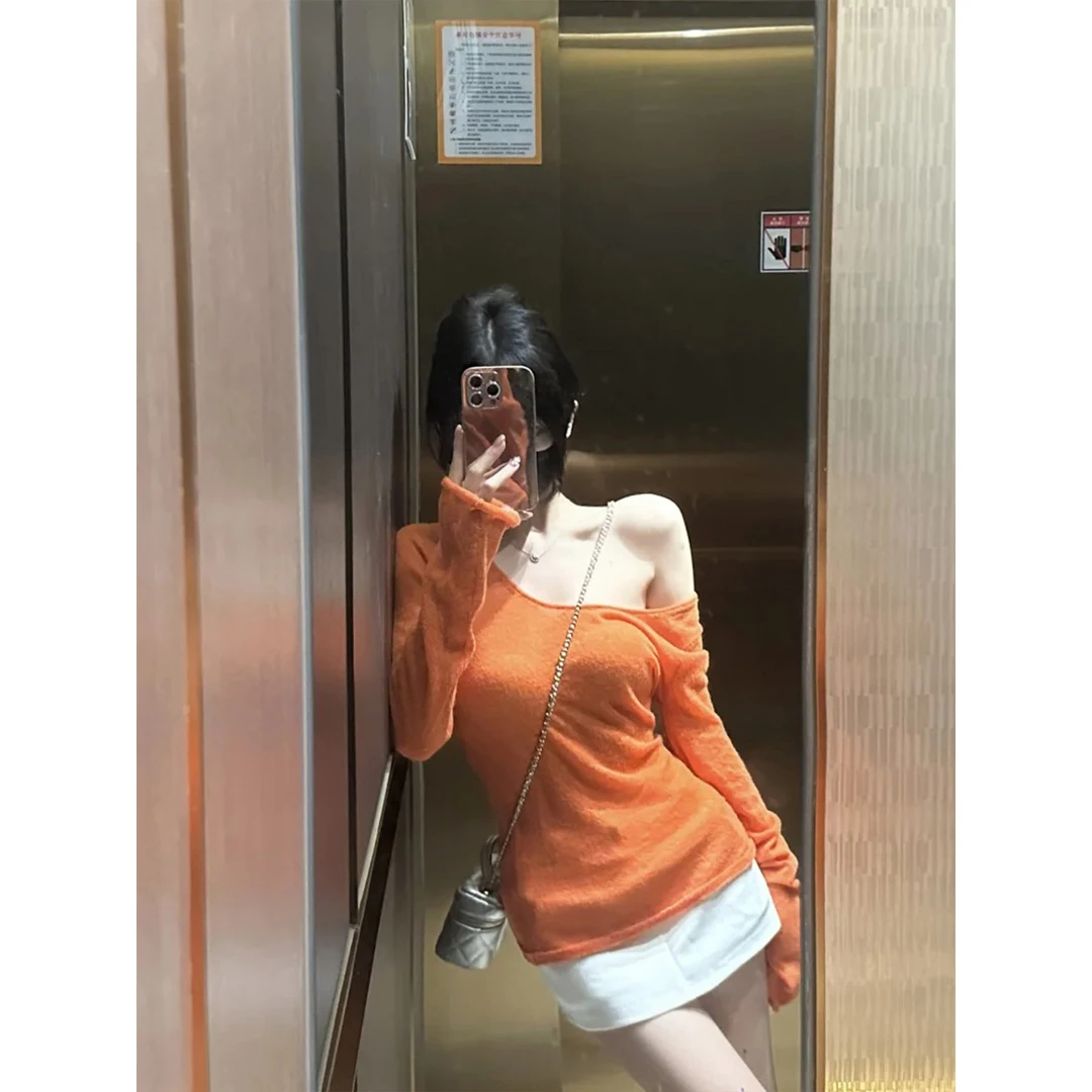 INS CEC橘色针织修身显瘦斜肩T恤上衣女2025早秋高腰直筒半身裙子