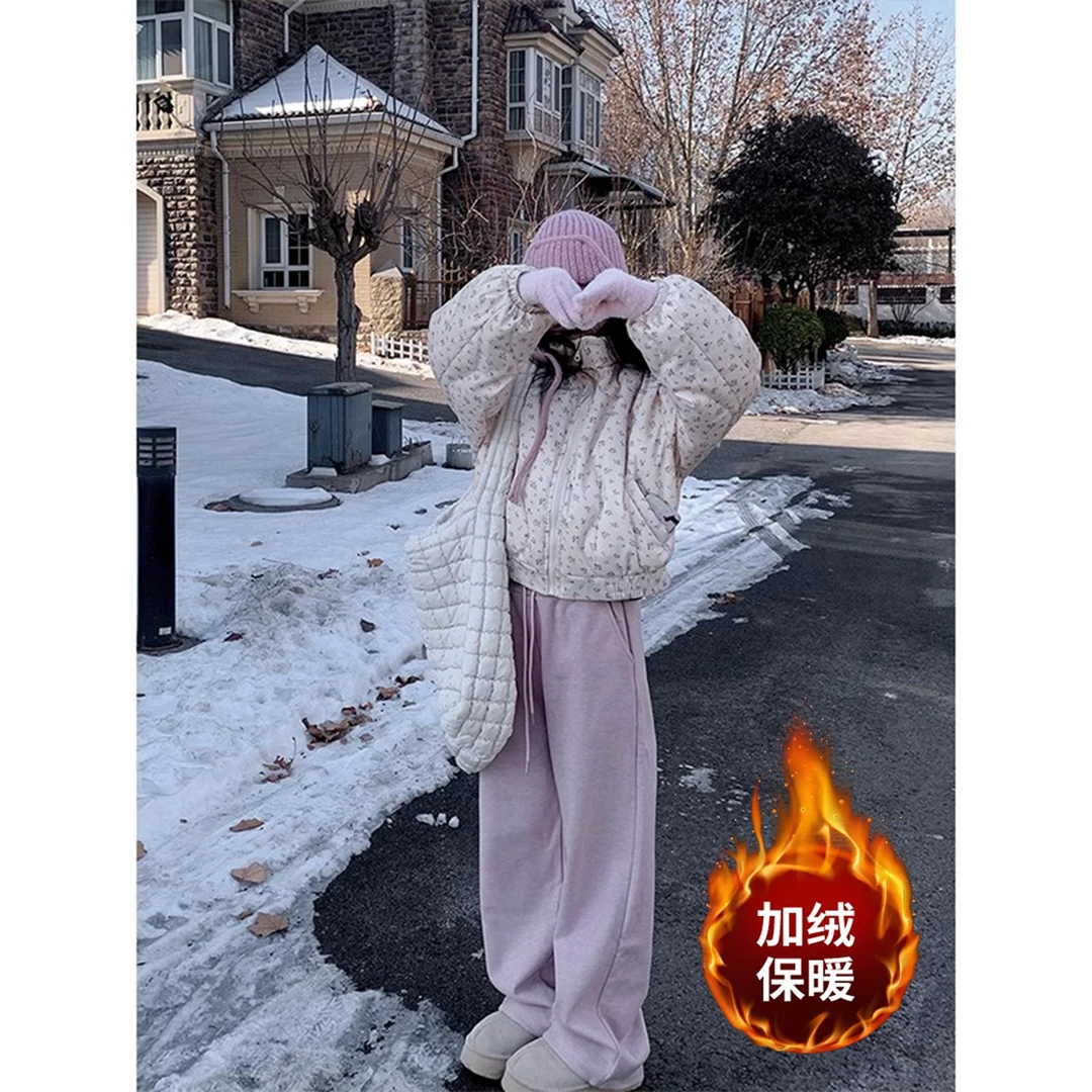 INS CEC韩系粉色甜美抽绳休闲裤子女秋冬加绒加厚百搭显瘦阔腿裤