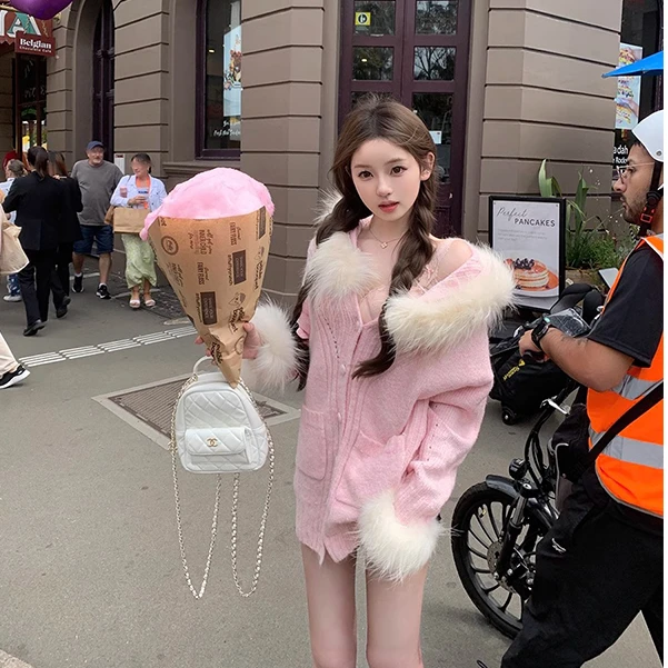 INS CEC粉色毛领连帽毛衣开衫女秋冬宽松韩系温柔甜美针织衫外套