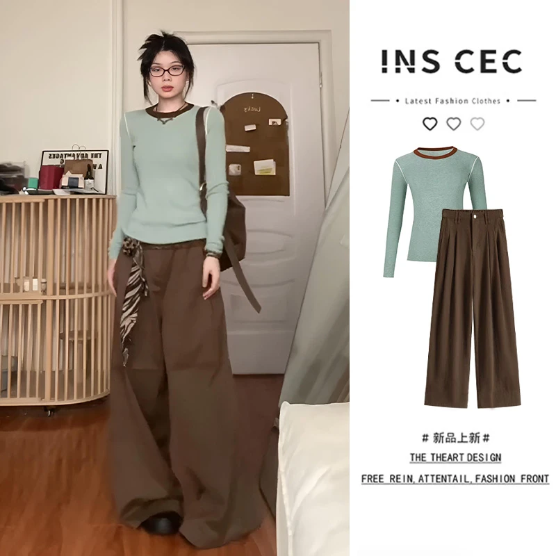 INS CEC茶系穿搭一整套秋季韩剧奶系学院风高级感茶里茶气两件套