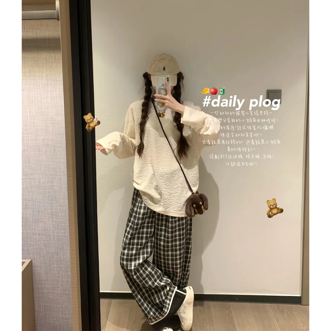 INS CEC韩系圆领长袖T恤女早秋季新款设计感小众肌理感宽松打底衫