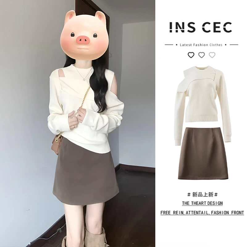 INS CEC早秋穿搭新款韩系氛围感不规则露肩长袖针织衫减龄一整套