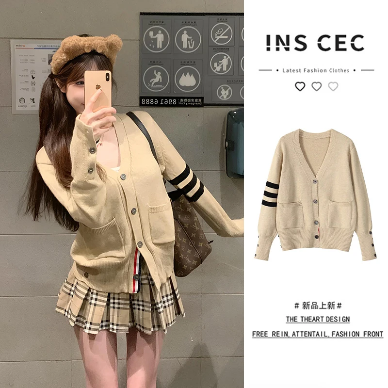 INS CEC撞色V领软糯毛衣开衫女早秋新款慵懒学院风针织衫外套上衣