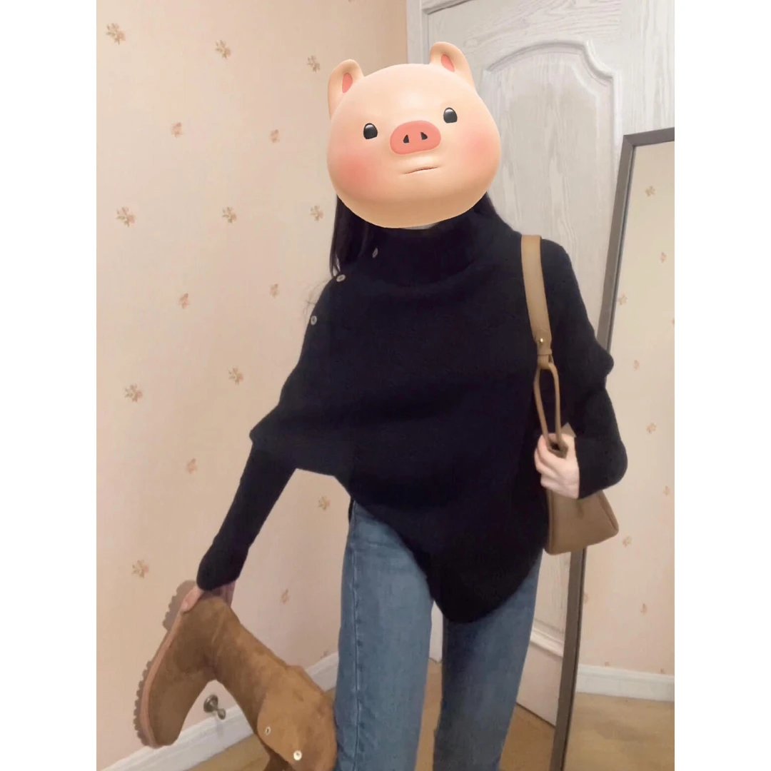 INS CEC黑色高领开叉蝙蝠袖斗篷毛衣女秋冬软糯针织衫不规则上衣