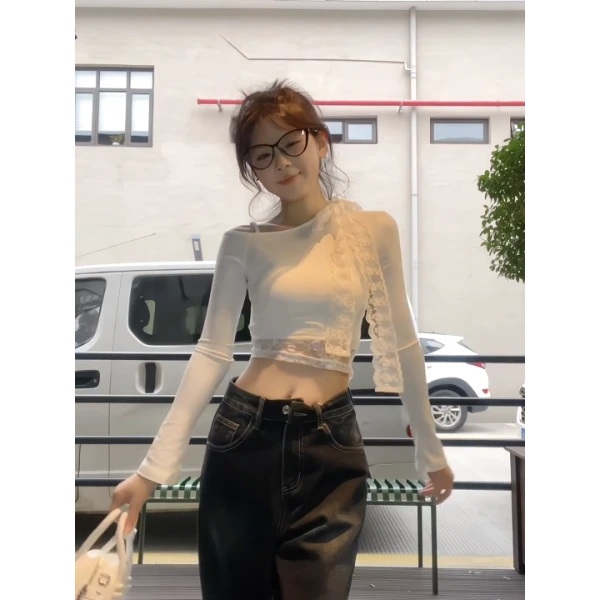 INS CEC性感纯欲风蕾丝拼接斜肩内搭上衣女春季宽松牛仔裤两件套
