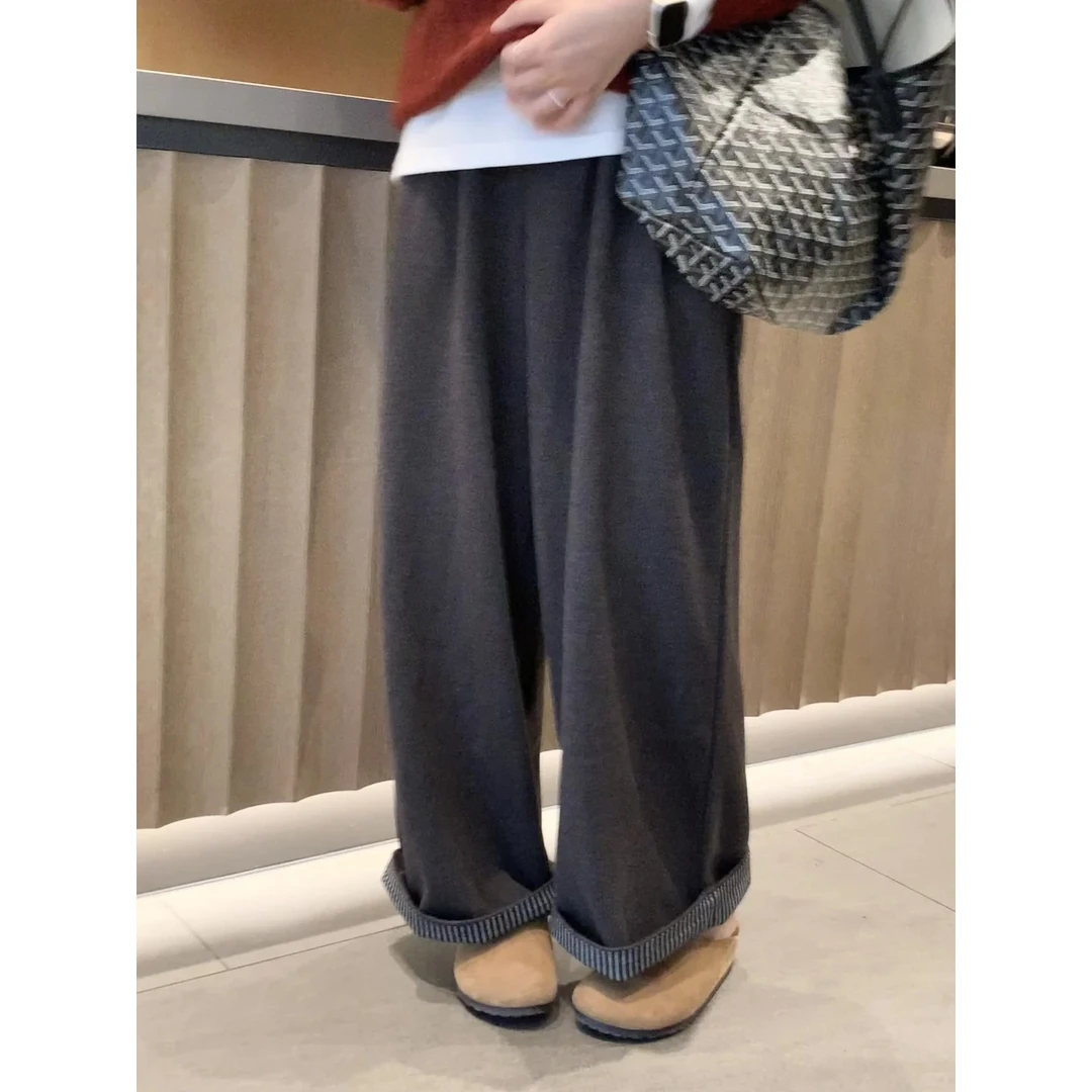 INS CEC港风翻边条纹休闲裤女2025秋冬新款设计感高腰阔腿直筒裤