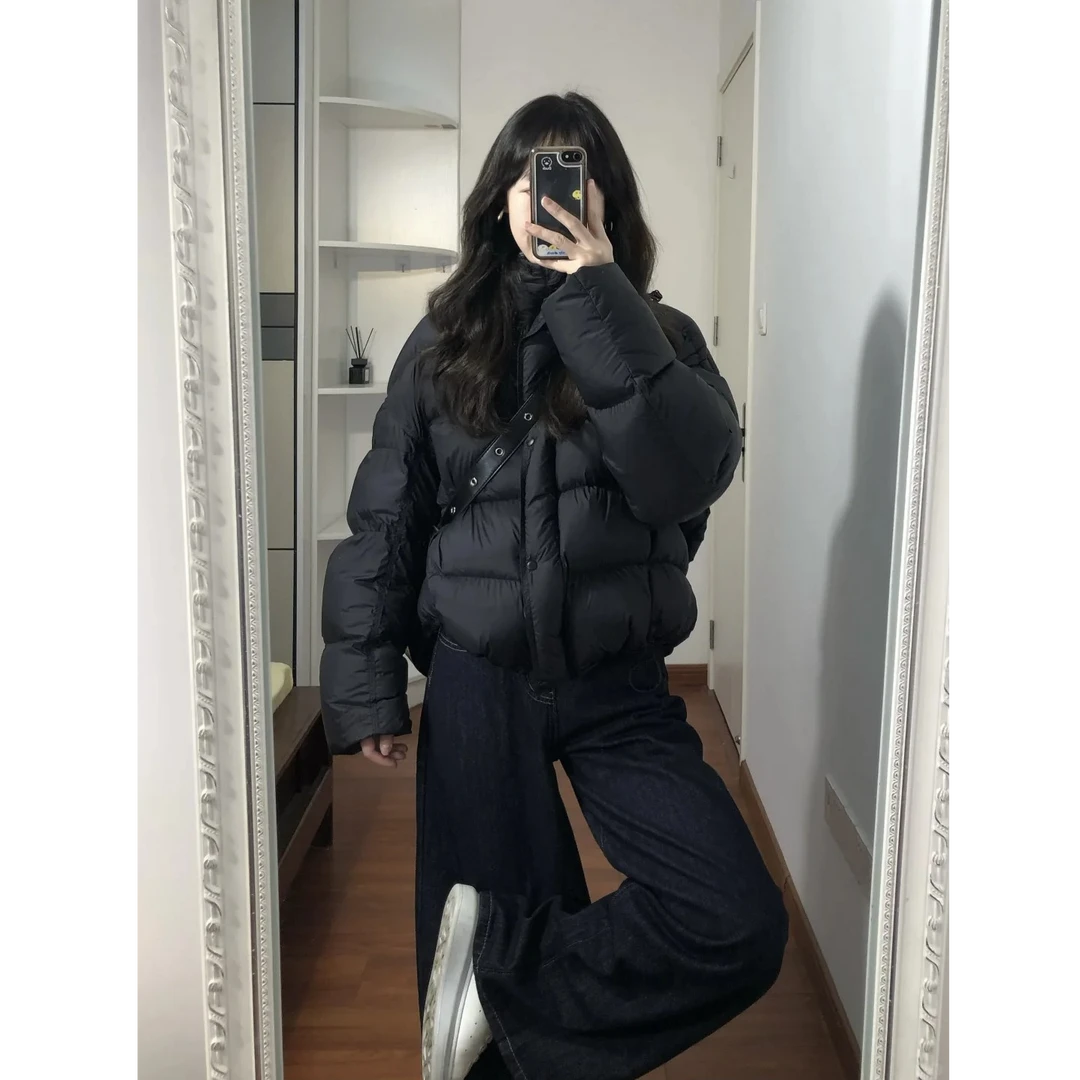 INS CEC冬季新款高级感简约宽松面包棉服外套高腰阔腿牛仔裤套装