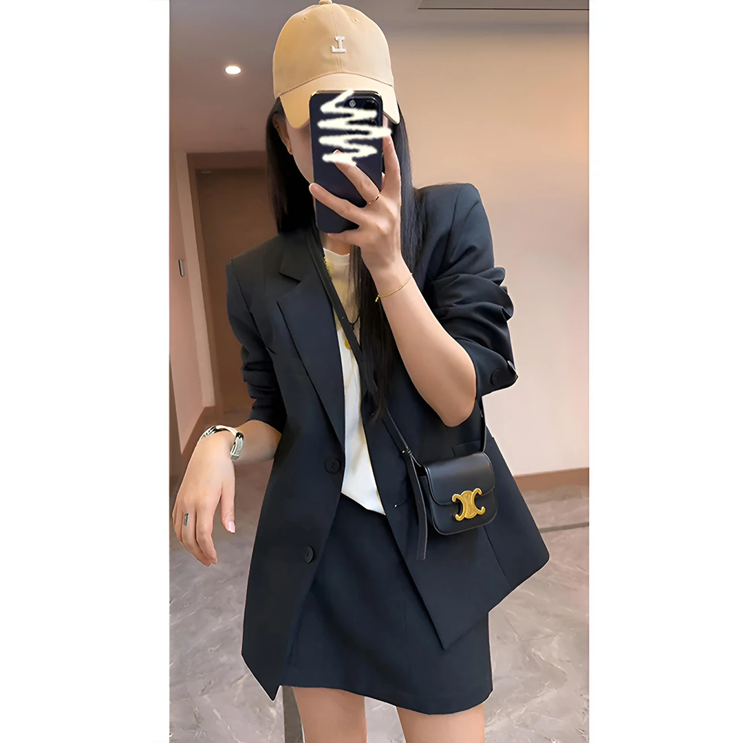INS CEC早秋新款轻职风正肩西装外套轻熟气质百搭高腰显瘦半身裙