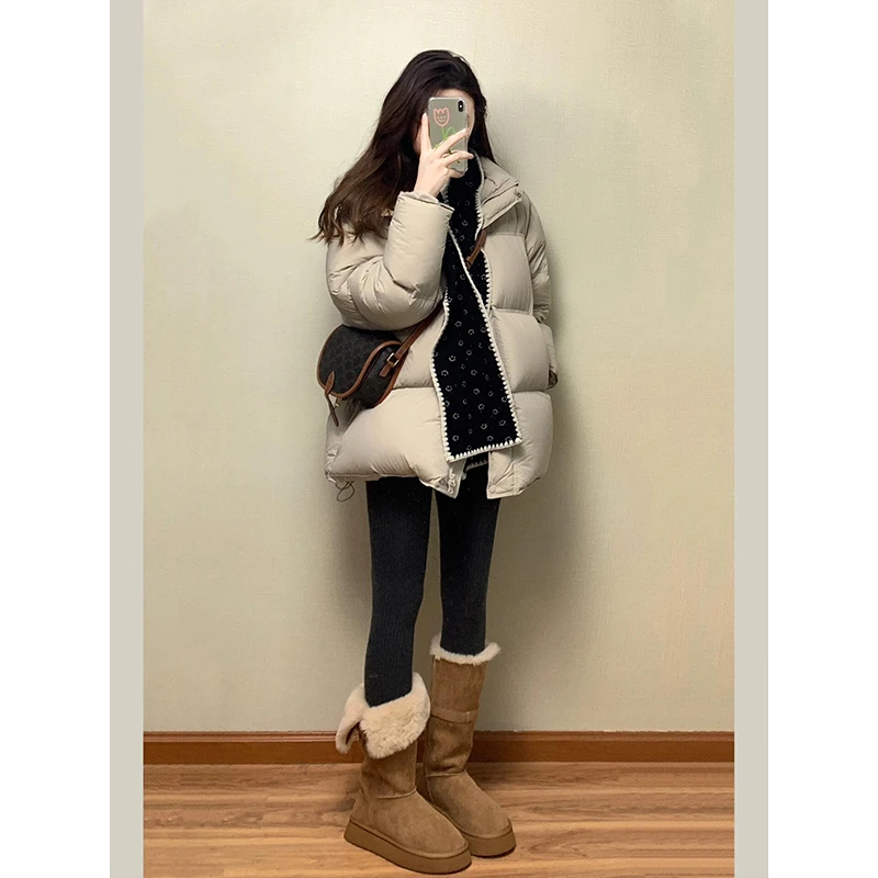 INS CEC美式复古浅驼色连帽面包服外套女冬季加厚保暖中长款棉服