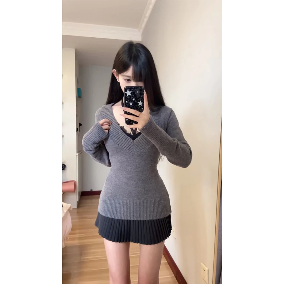 INS CEC复古灰色v领长袖针织衫女秋冬2024新款慵懒风修身毛衣上衣