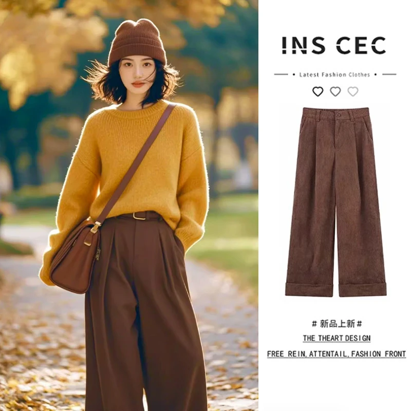 INS CEC咖色复古褶皱灯芯绒休闲裤女秋冬慵懒松弛感阔腿宽松长裤