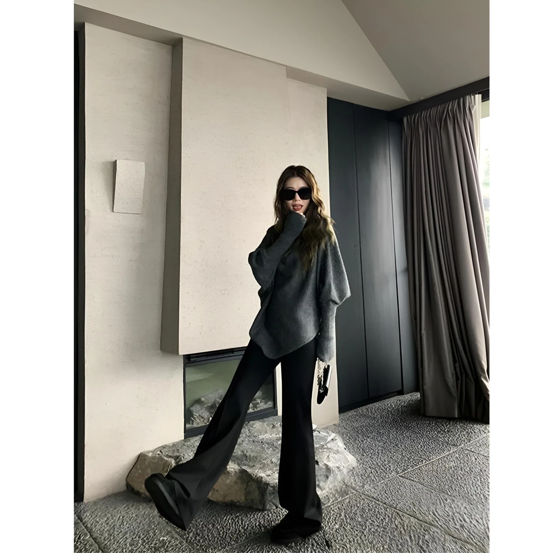 INS CEC高级设计感不规则软糯舒适深灰色毛针织衫上衣女早秋百搭