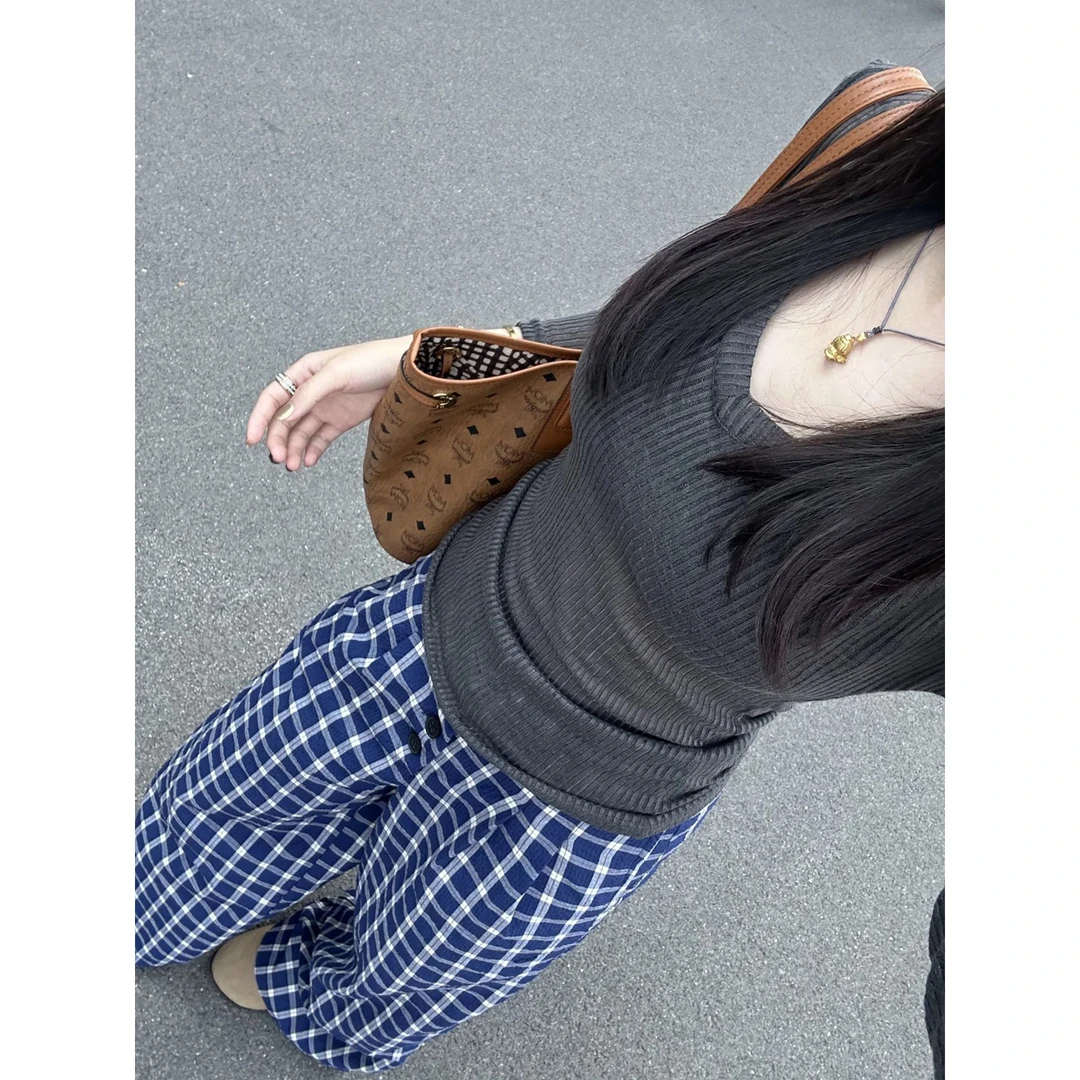 INS CEC法式洋气时髦修身针织上衣女穿搭格子直筒阔腿裤两件套秋