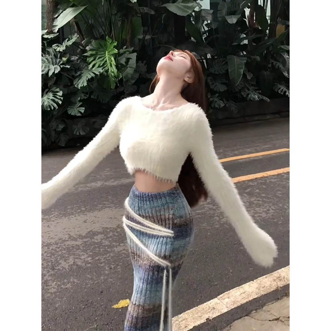 INS CEC【雅丹】法式气质针织套装女秋冬毛衣撞色包臀半身裙两件套