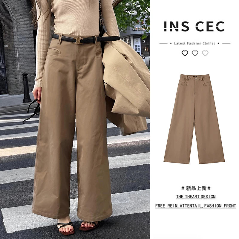 INS CEC日系宽松垂感休闲裤女秋季时尚百搭口袋设计感穿搭阔腿裤