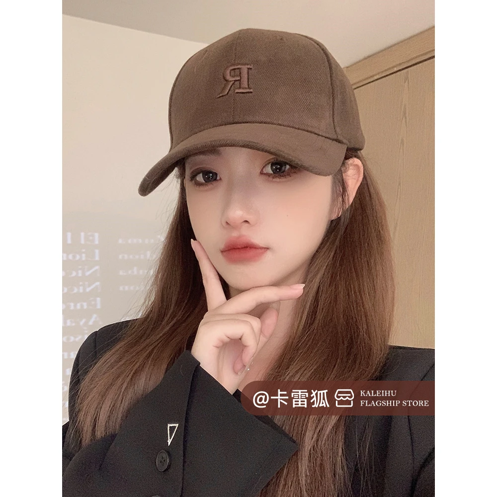 2024新款棒球帽女r字母磨毛春秋鸭舌帽子硬顶大头围美式拉德韩版