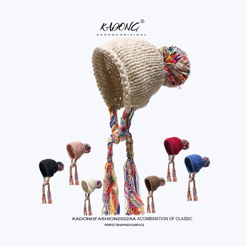 日系秋冬甜美可爱民族风彩色辫子绑带雷锋帽韩版护耳帽毛线帽女