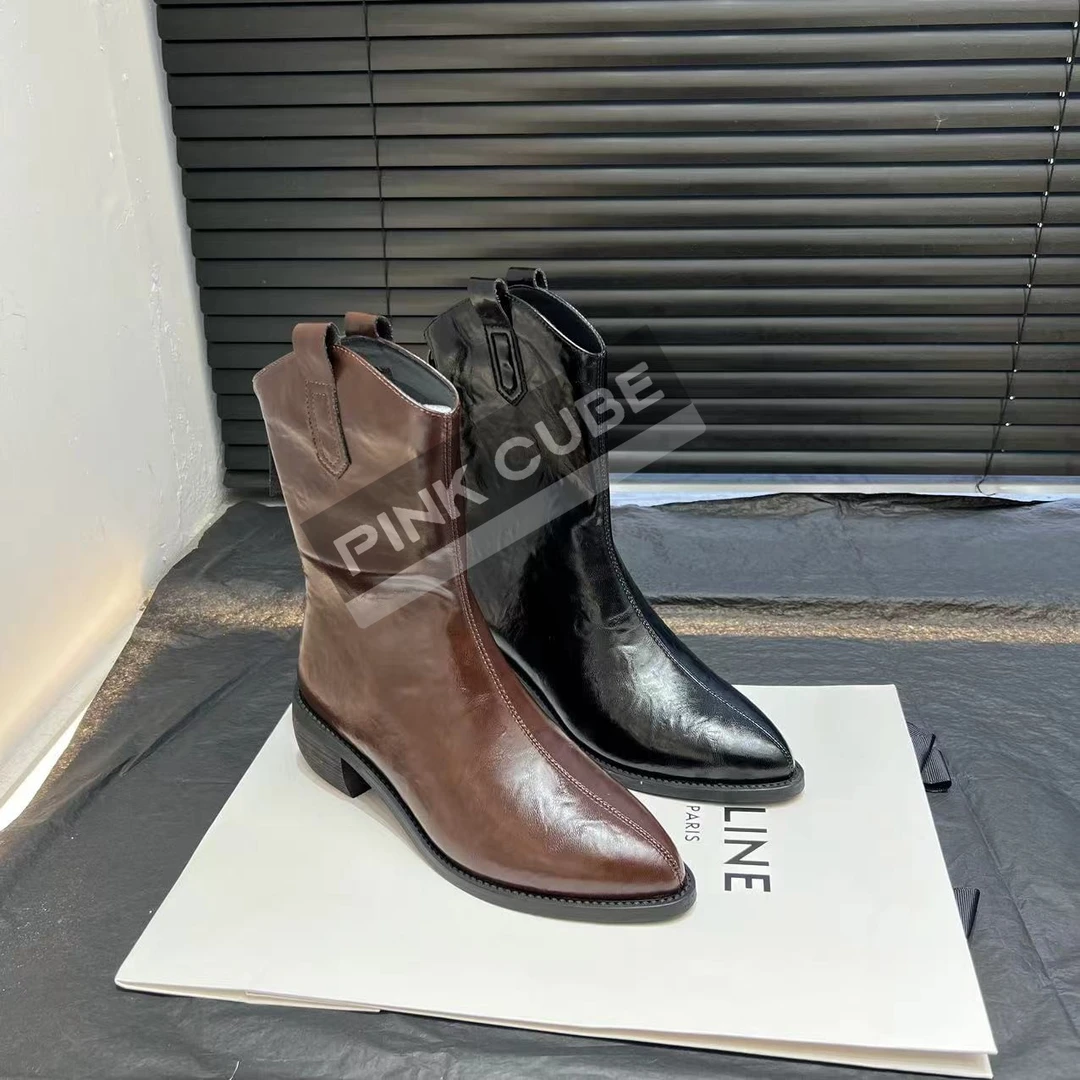 PINK CUBE复古v口骑士靴女西部牛仔靴秋冬粗跟棕色短靴马丁靴w201