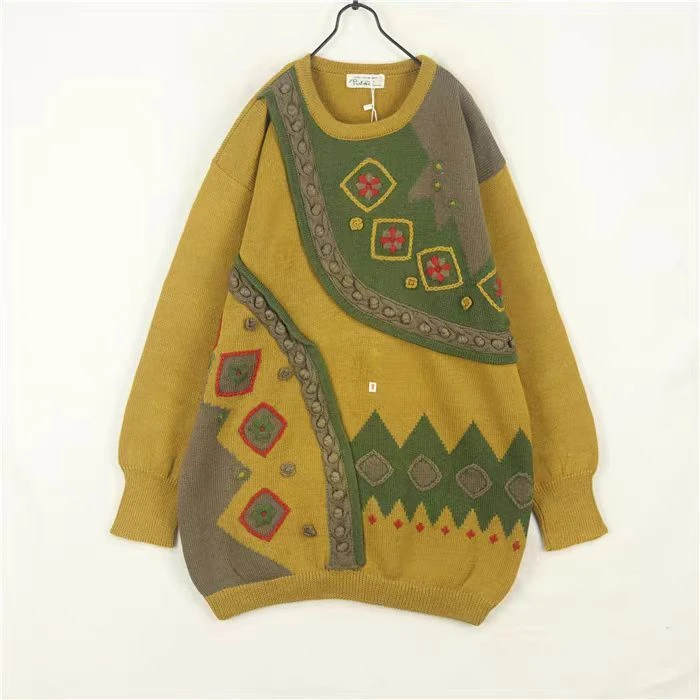浮花羊毛上衣针织时尚百搭复古宽松加厚圆领秋冬休闲绿色女士印花