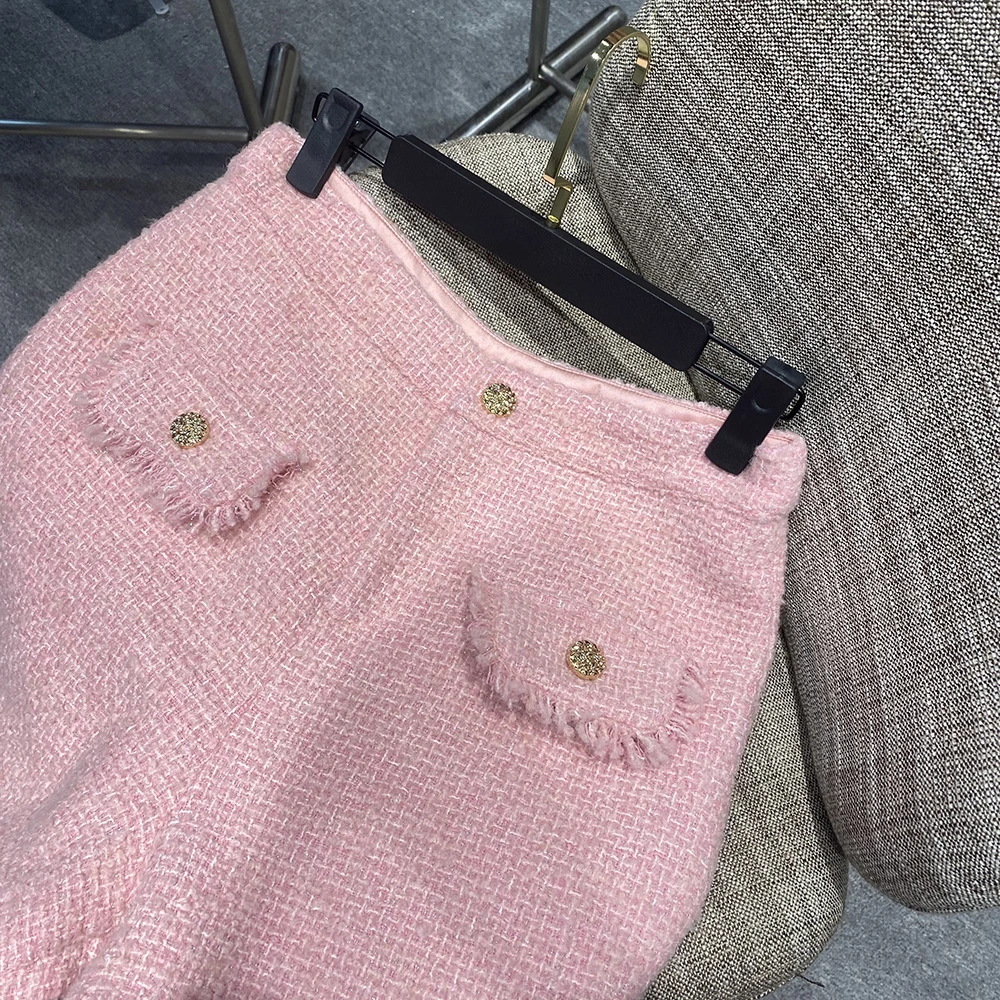 新款粗花呢百搭秋冬羊绒洋气柔软樱花粉短裤A116