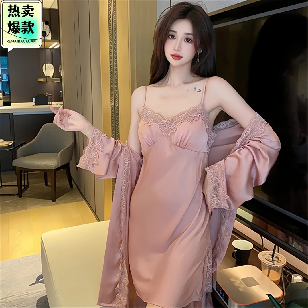 睡衣女款爆款2025新款睡裙两件套冰丝睡衣带胸垫蕾丝春秋夏纯欲风