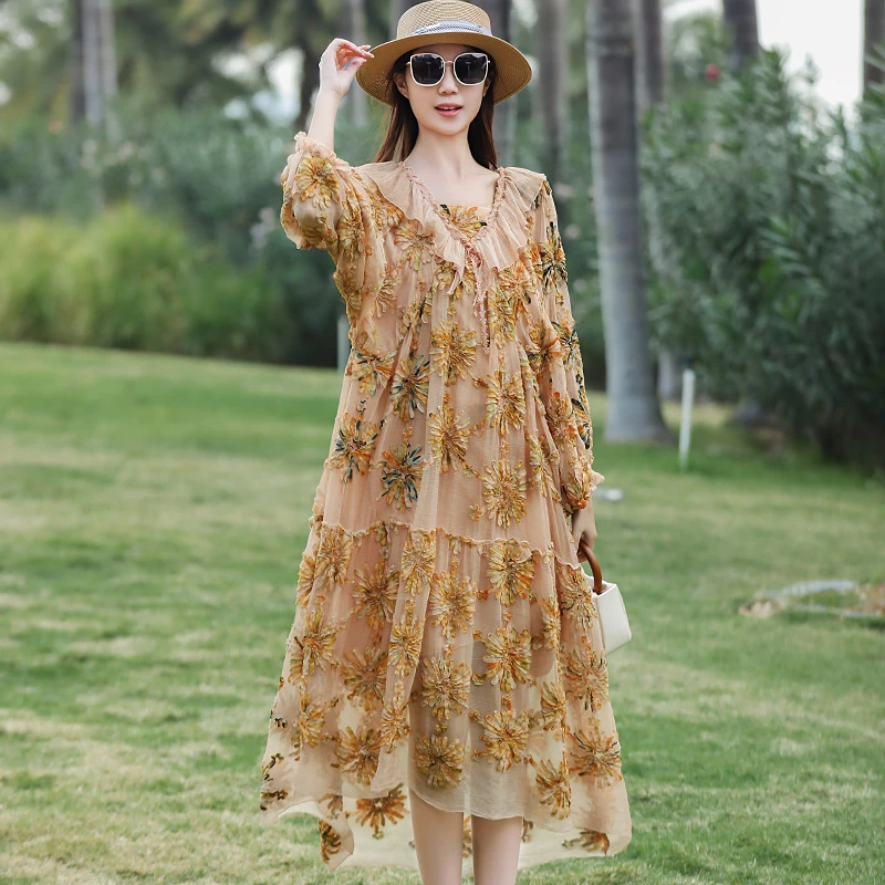 拜占庭的森林新款桑蚕丝时尚气质高档香槟色大码蝙蝠袖盘花连衣裙