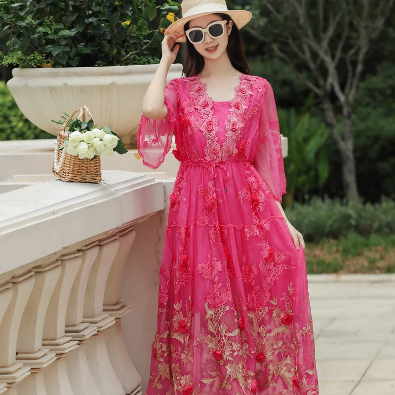 拜占庭的森林桑蚕丝连衣裙V领七分袖宽松遮肚高端时尚刺绣中长款