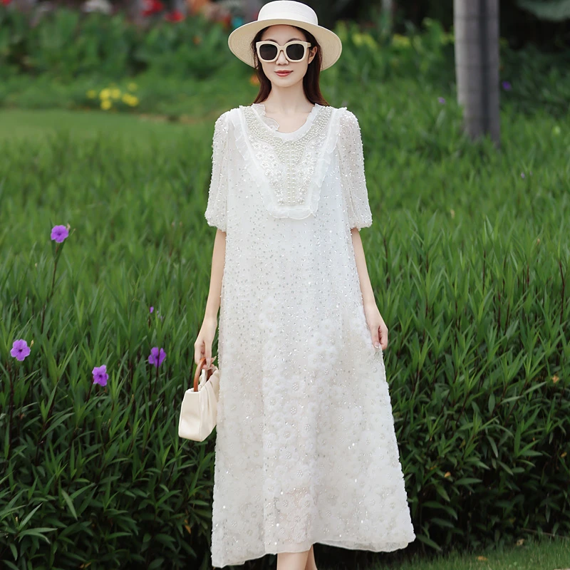 拜占庭的森林亮片串珠桑蚕丝圆领气质高端百搭真丝大气中长连衣裙