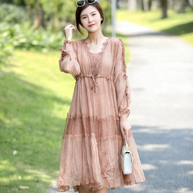拜占庭的森林桑蚕真丝连衣裙女高级感宽松收腰素板气质度假中长款