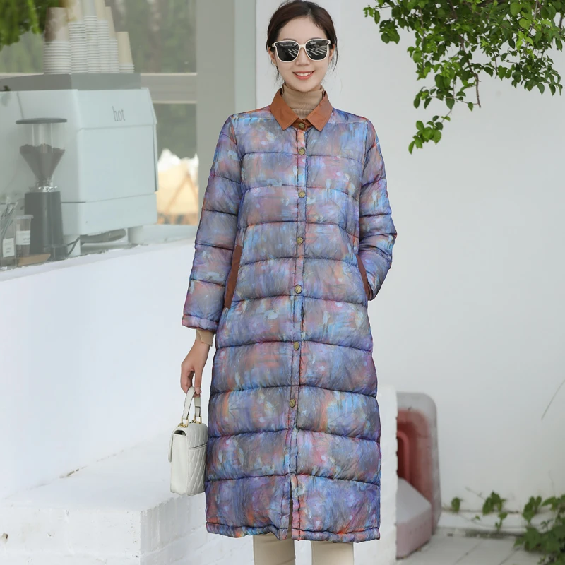 真丝桑蚕丝面时尚印花羽绒服女款中长过膝气质保暖白鸭绒大码外套