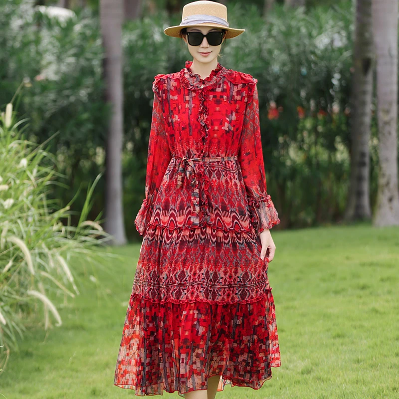 拜占庭的森林高档乔其真丝连衣裙女大码宽松海边度假飘逸印花长裙