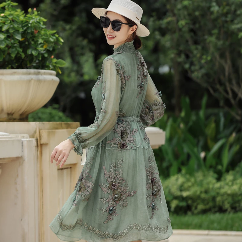 拜占庭的森林桑蚕丝连衣裙女小个子显瘦半高领气质时尚百搭中长款