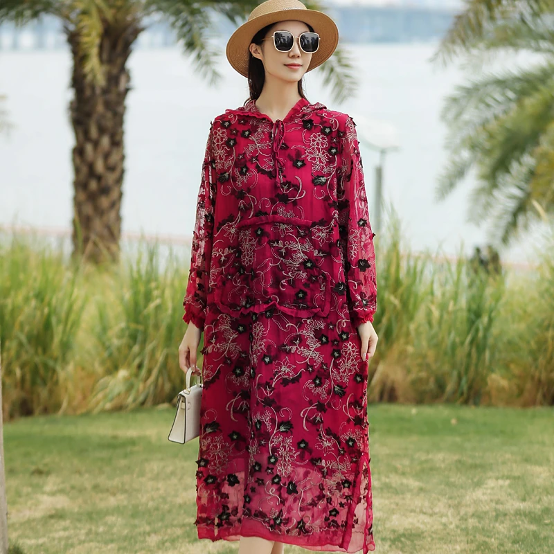 拜占庭的森林桑蚕丝带帽刺绣连衣裙减龄遮肚子显瘦高端气质中长款