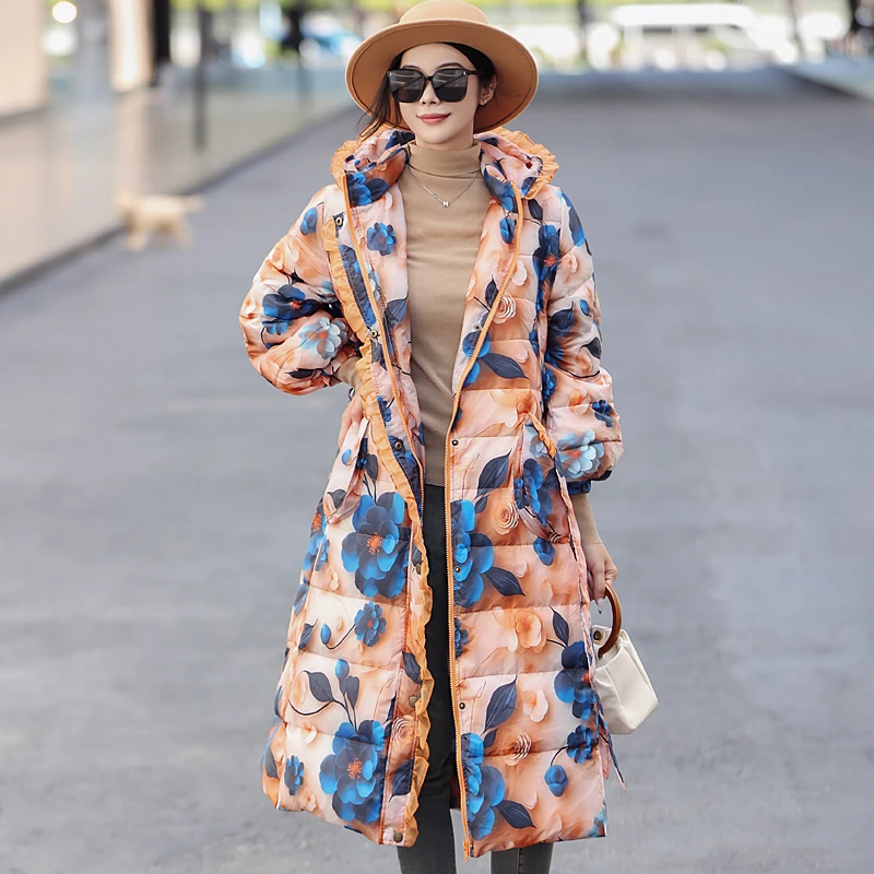 拜占庭的森林白鸭绒羽绒服女高档轻奢印花轻薄保暖百搭中长款外套