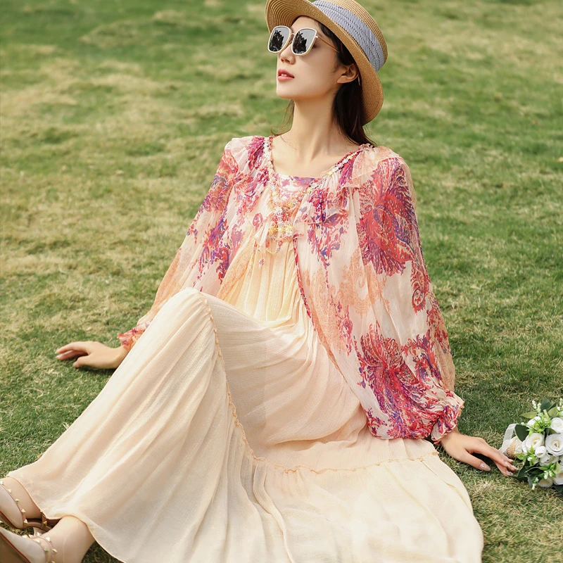 拜占庭的森林桑蚕丝连衣裙大码宽松遮肚胖mm显瘦碎花印花沙滩裙女