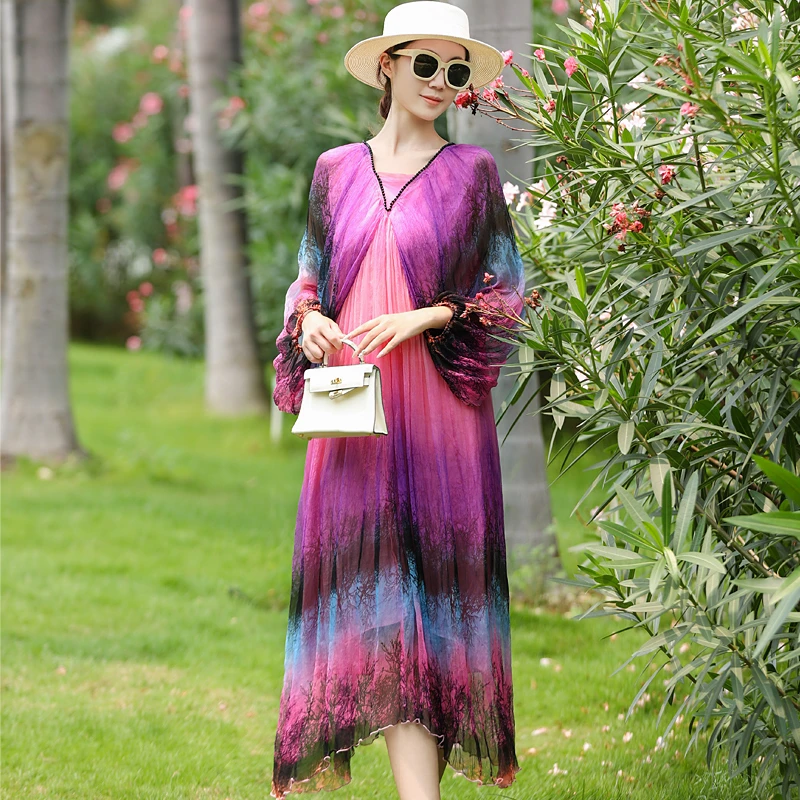 拜占庭的森林新款桑蚕丝时尚气质印花渐变紫色大码蝙蝠袖连衣裙女