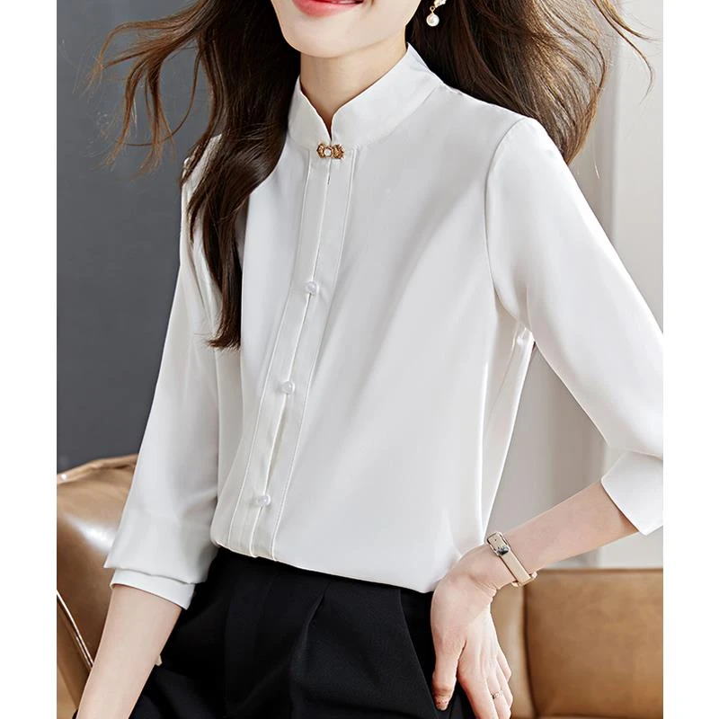 长袖白色立领衬衫女2024新款秋冬季高级感别致衬衣气质打底衫上衣