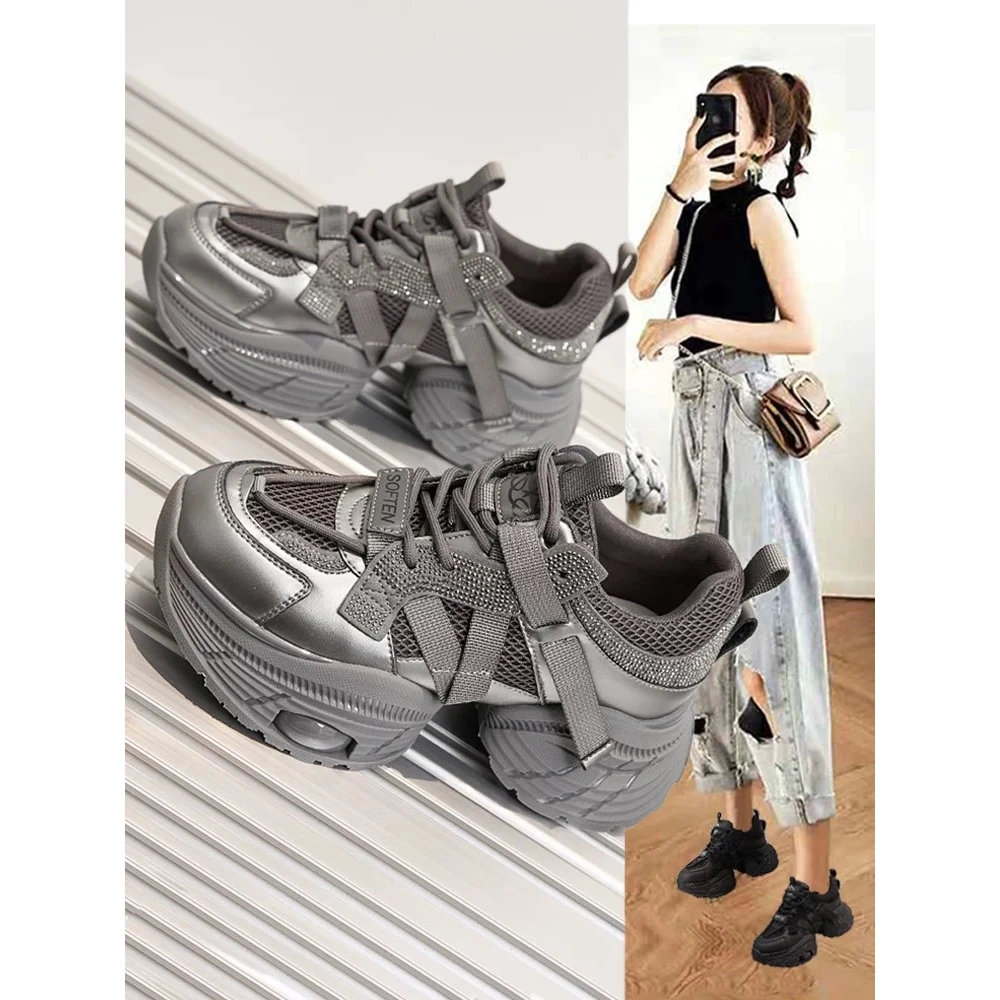 万达撤柜头层牛皮2025春季新款老爹鞋女新款百搭休闲鞋增高轻便鞋