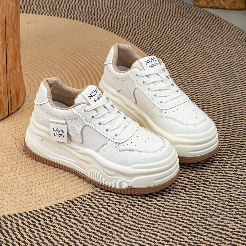 万达撤柜内增高8cm全皮小白鞋2025秋春新款松糕厚底休闲运动高跟