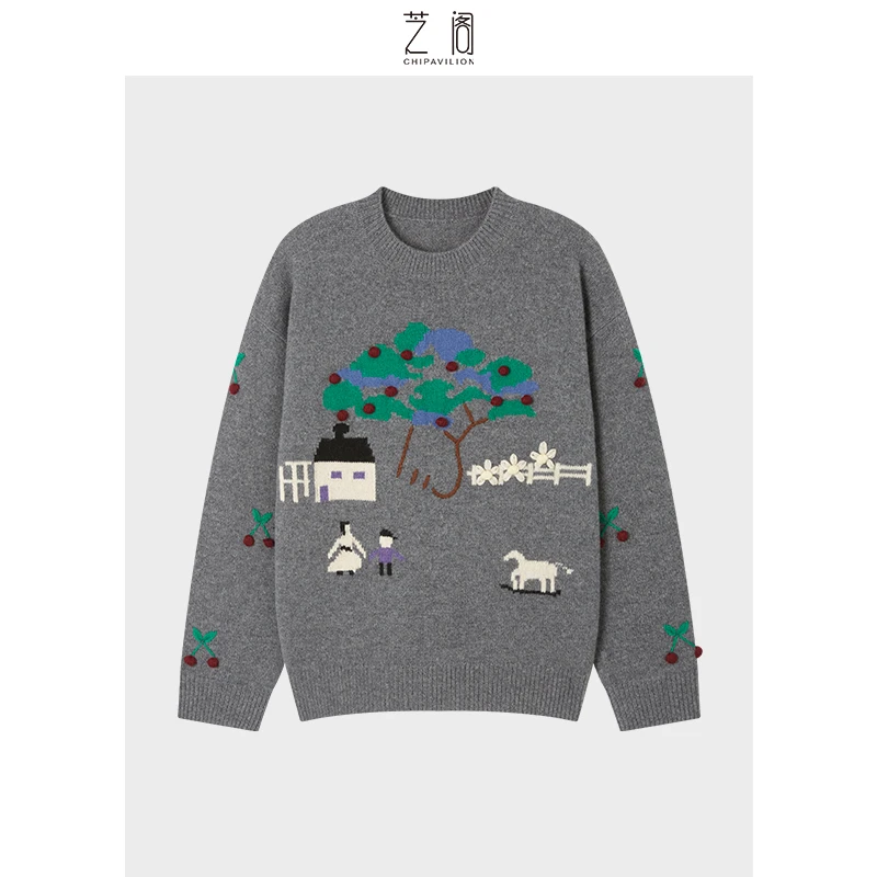 【芝阁】圆领樱花树提花纯山羊绒套头衫W2411A61010