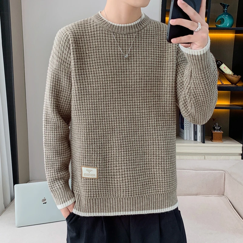圆领毛衣男士秋冬季2025新款潮流休闲线衣秋装格子针织打底衫爆款