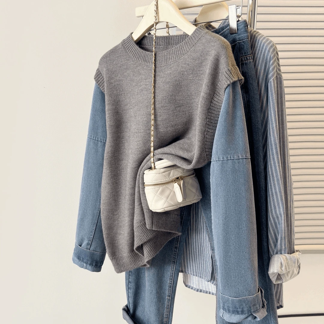 3501针织衫圆领长袖上衣毛衣纯色拼接牛仔袖套头女秋冬宽松打底