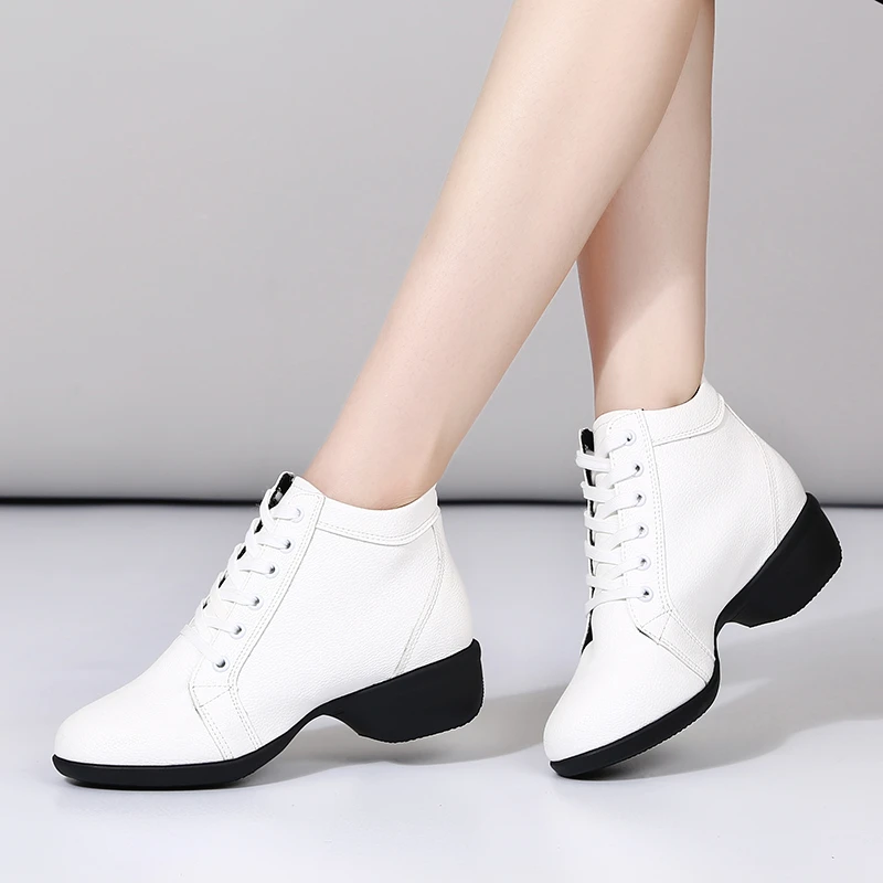 春秋新款白色中跟舞蹈鞋高帮休闲广场舞鞋系带水兵舞鞋跳舞鞋加绒