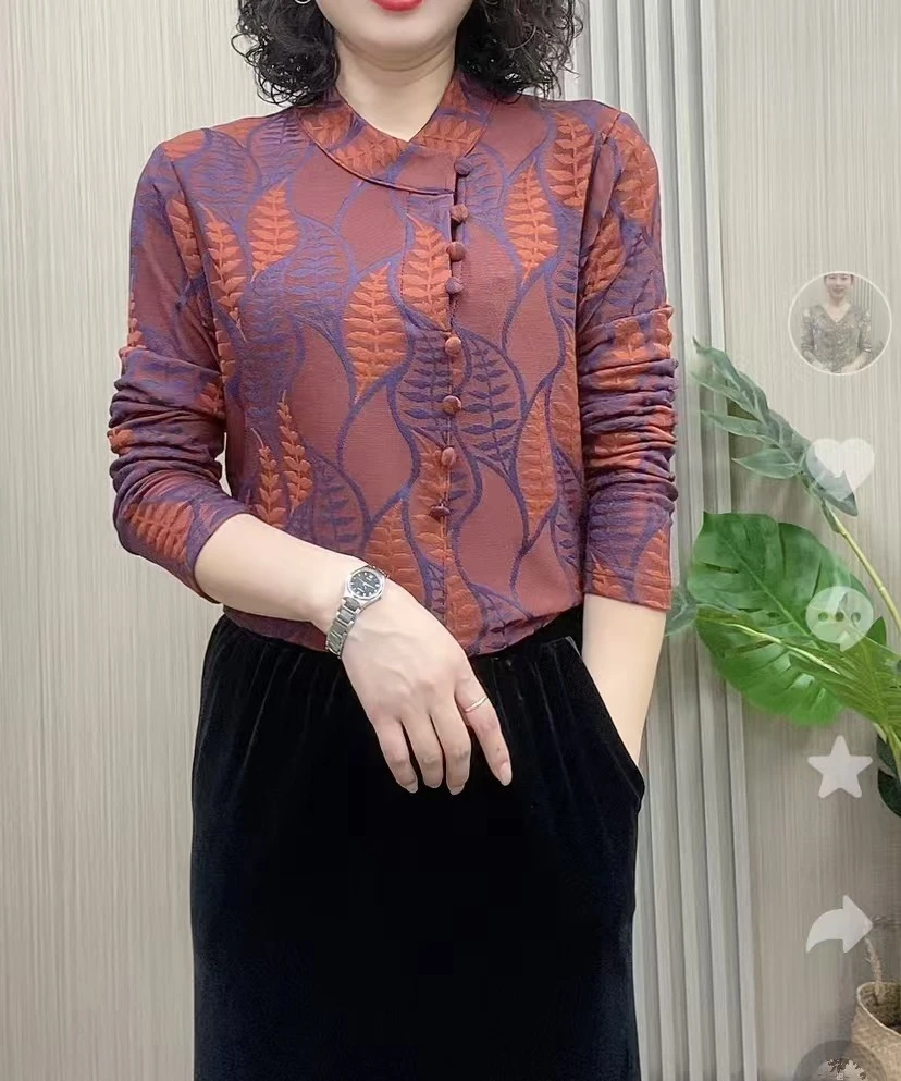 2024新款时尚女士复古盘口修身版长袖洋气妈妈装上衣显瘦气质