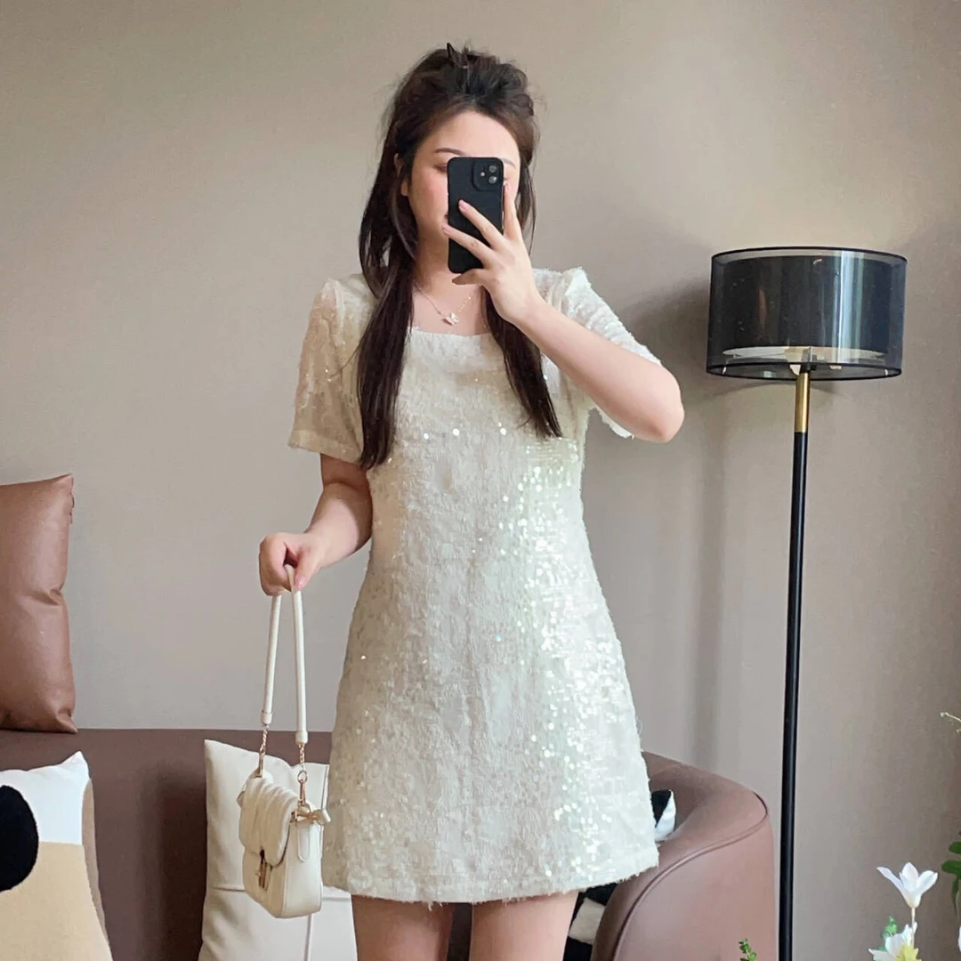 【清清价】千金风重工毛流感亮片收腰连衣裙夏季微胖显瘦P224Q05306