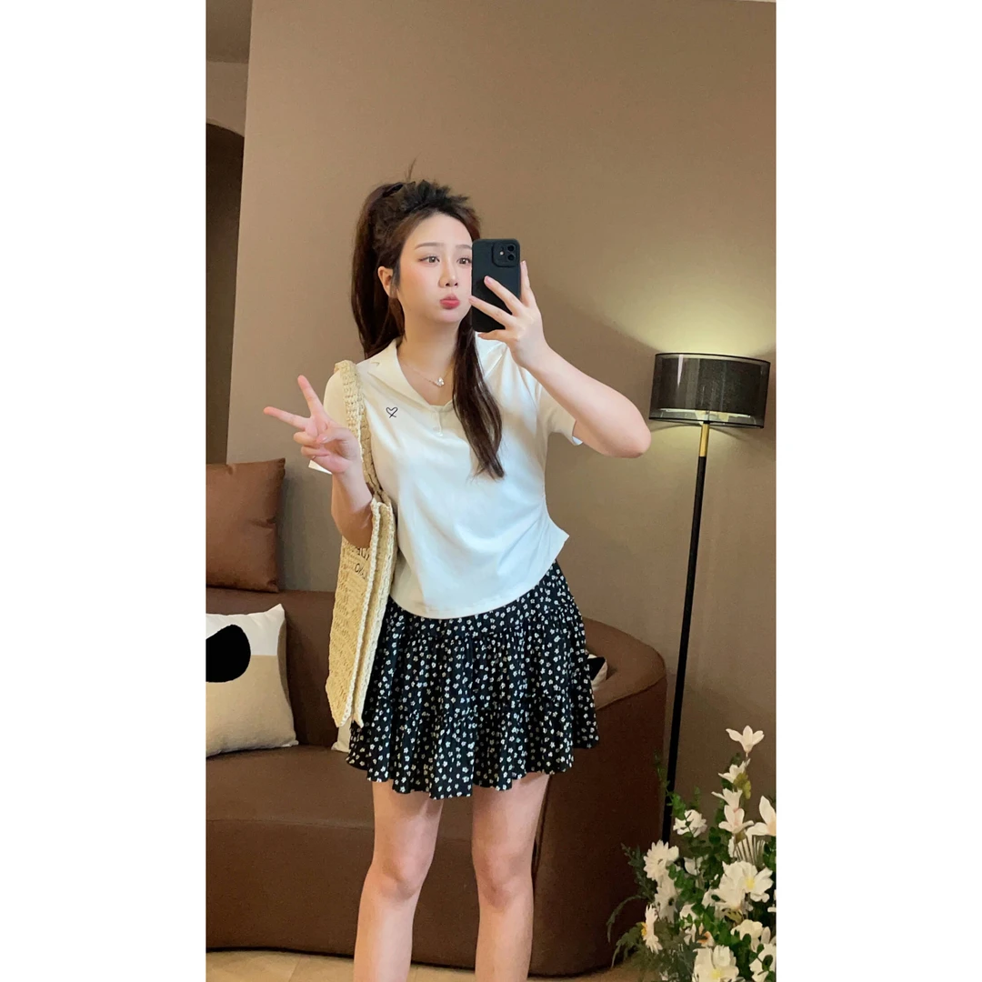 大萌萌【现货】百搭爱心刺绣Polo领T恤夏季微胖显瘦+半裙P224Y02291