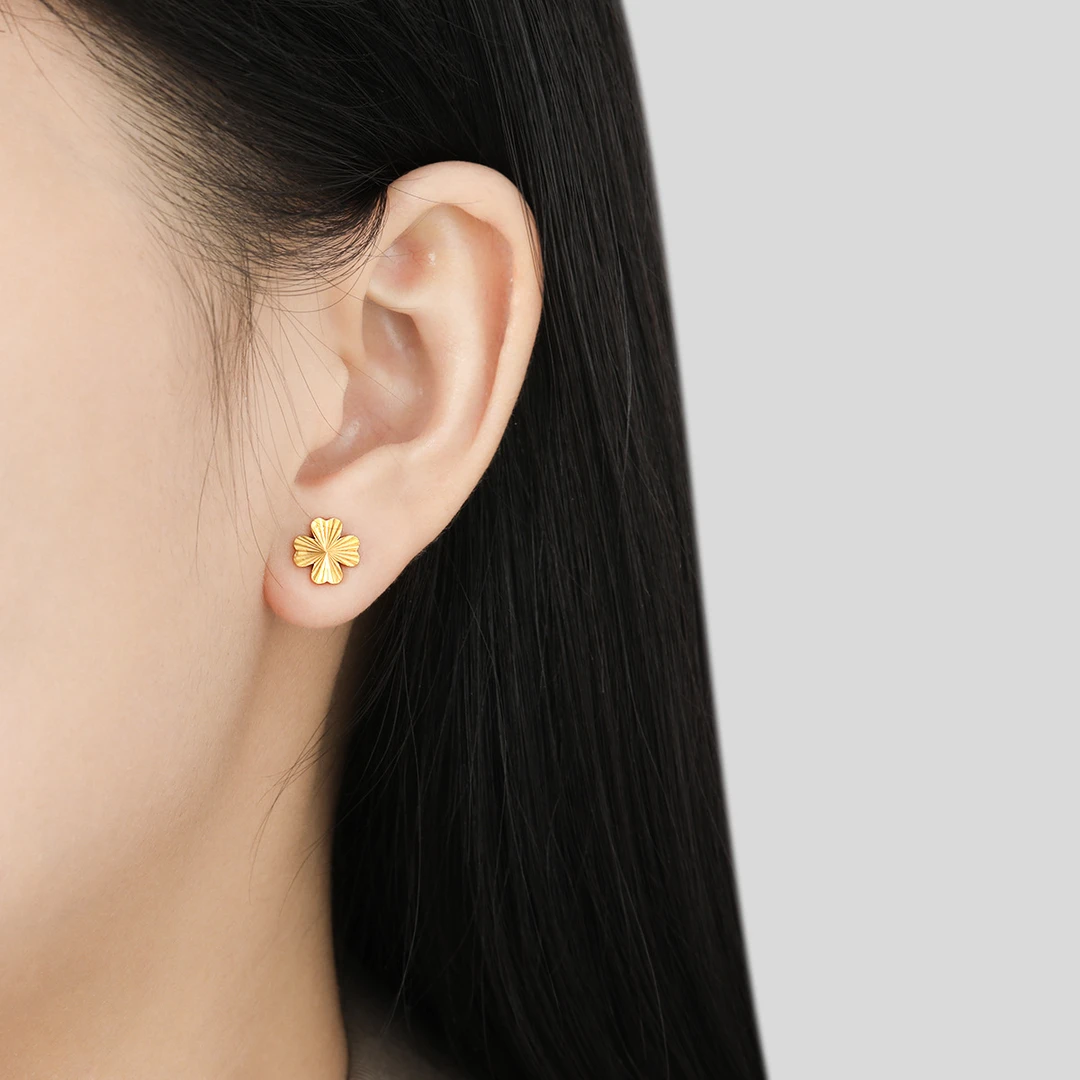 钛钢耳饰 防丢帽全镭射四叶草螺丝拧球豆豆耳钉耳骨钉小清新耳饰