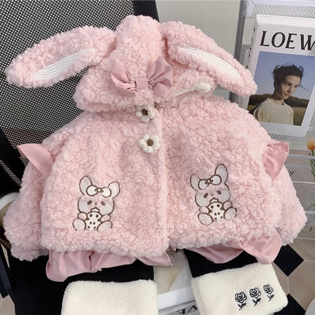 女童棉衣加绒加厚保暖2023新款卡通宝宝冬装洛丽塔可爱羊羔绒棉衣