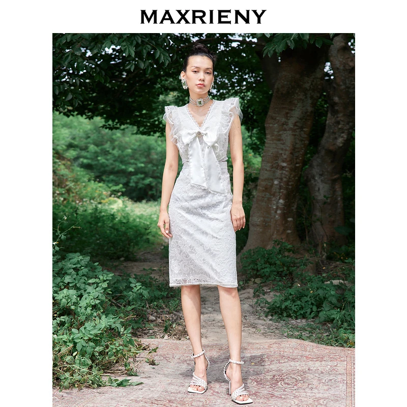 【商场同款】MAXRIENY高腰无袖一步裙2022夏收腰连衣裙V领蕾丝裙