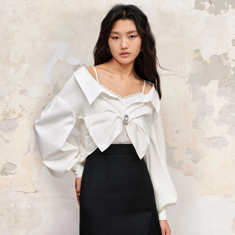 MAXRIENY精致复古大廓形蝴蝶扭结截短衬衫上衣